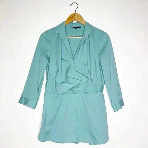 Lafayette 148 Blue-Green Stretch Poplin Ruched Pleat Tunic Shirt Size 8 - Picture 1 of 7